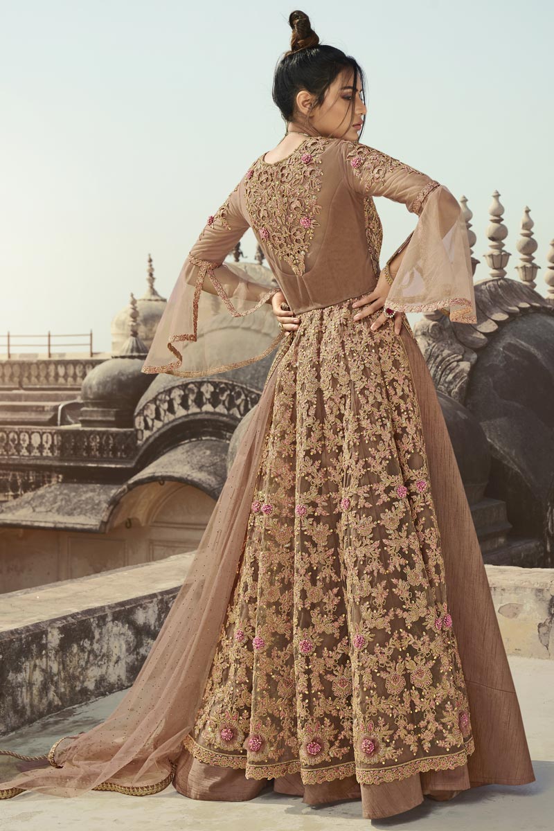 Function Wear EmbroideChikoo Floor Length Chikoo Color Anarkali Dress In Net Fabric