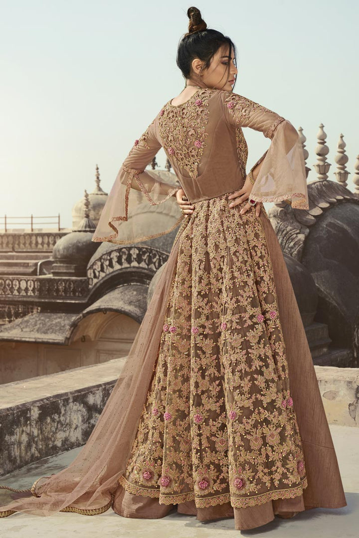 Function Wear EmbroideChikoo Floor Length Chikoo Color Anarkali Dress In Net Fabric