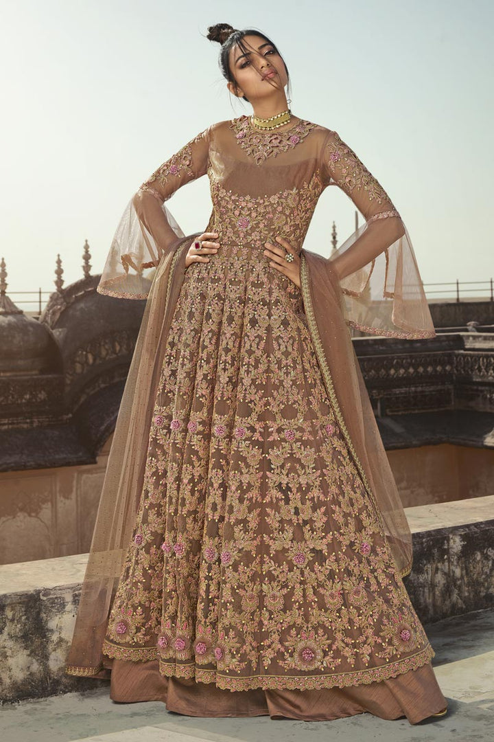 Function Wear EmbroideChikoo Floor Length Chikoo Color Anarkali Dress In Net Fabric