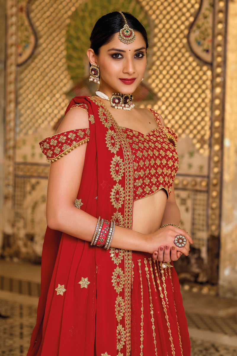 Red Color Georgette Fabric Wedding Wear Embroidered Work Lehenga With Attractive Dupatta