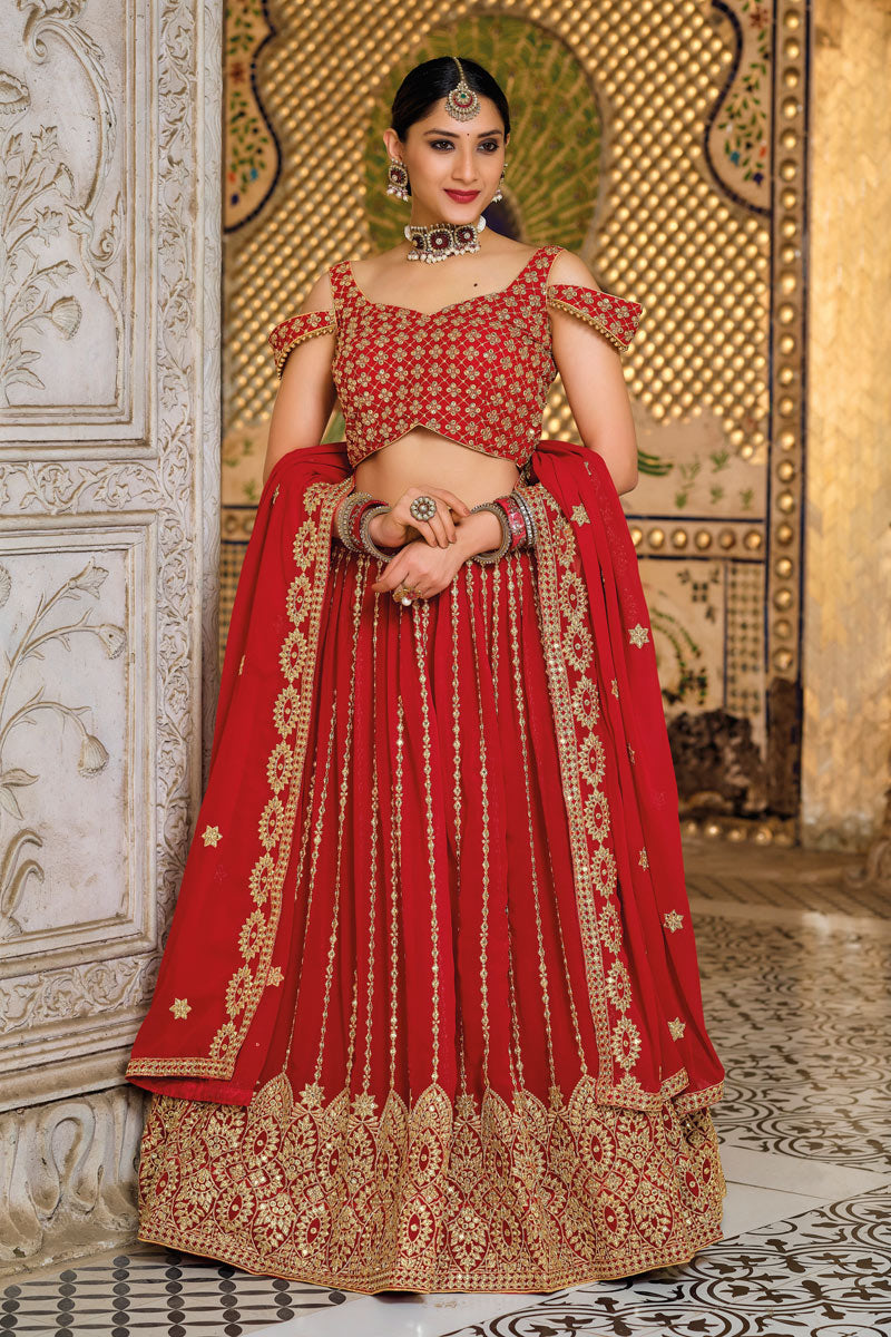 Red Color Georgette Fabric Wedding Wear Embroidered Work Lehenga With Attractive Dupatta