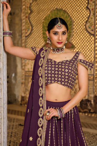 Wine Color Wedding Wear Georgette Fabric Classic Lehenga With Embroidered Work