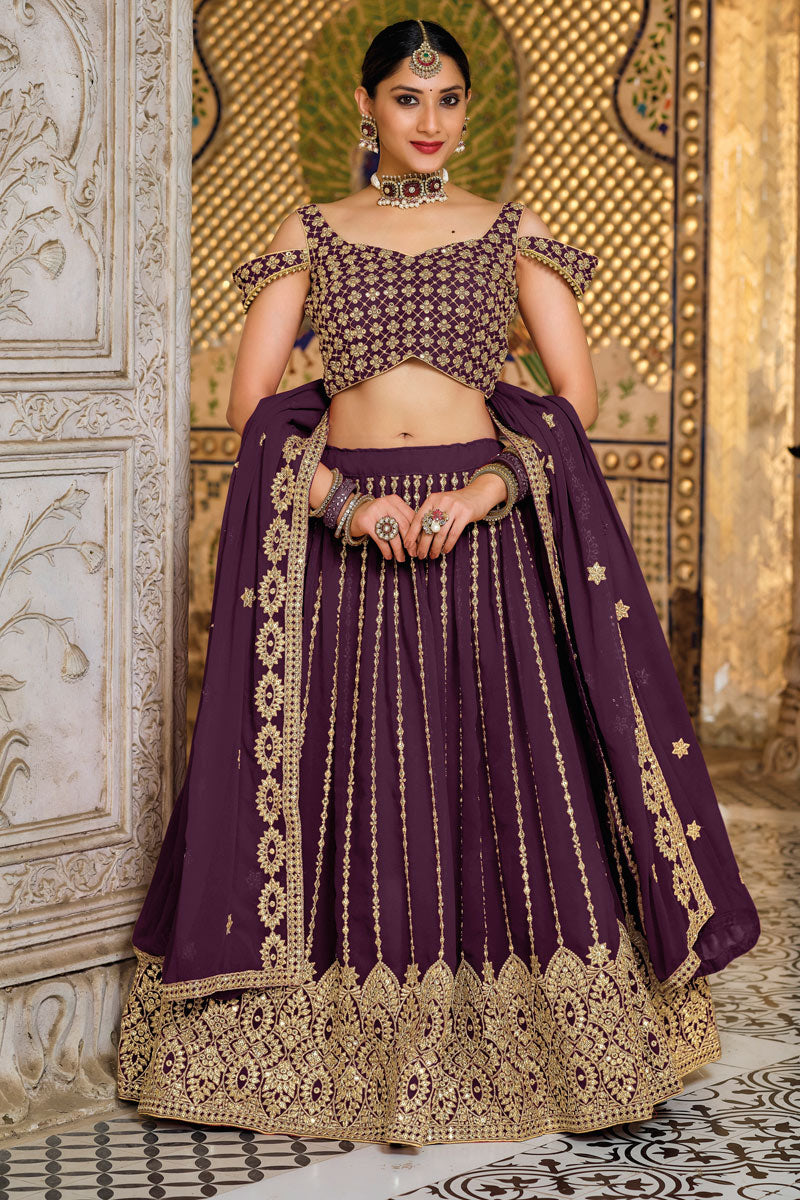 Wine Color Wedding Wear Georgette Fabric Classic Lehenga With Embroidered Work