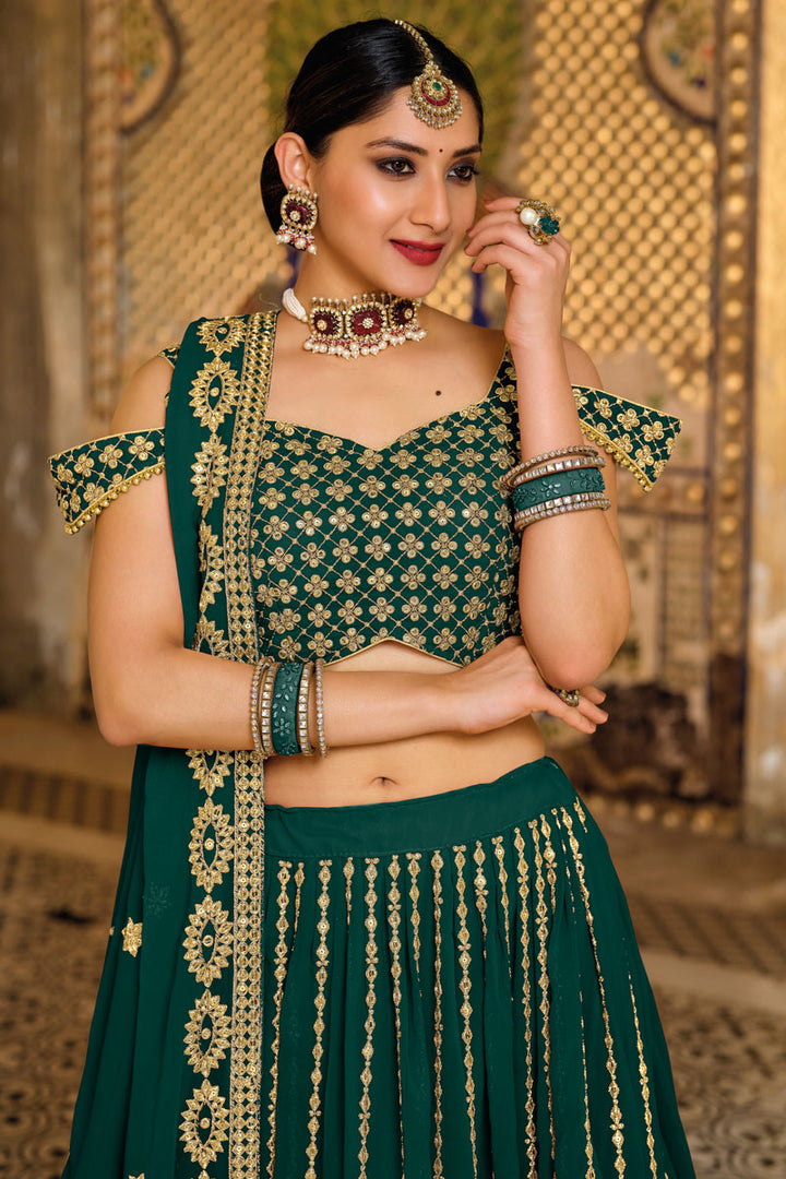 Georgette Fabric Wedding Wear Green Color Embroidered Work Graceful Lehenga