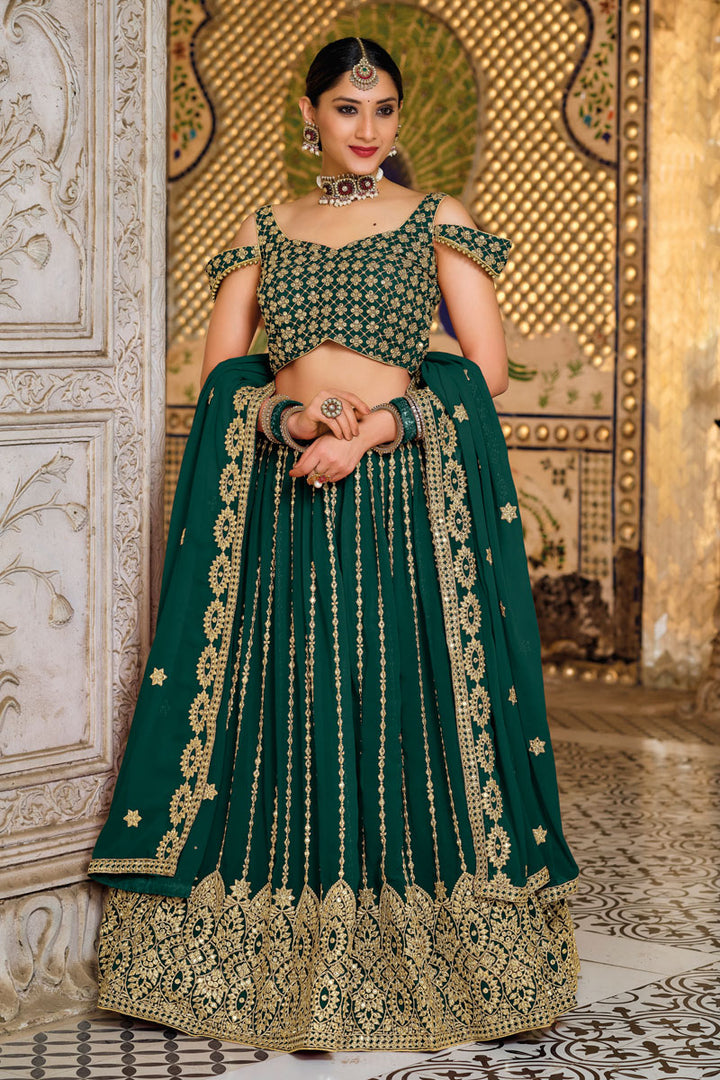 Georgette Fabric Wedding Wear Green Color Embroidered Work Graceful Lehenga