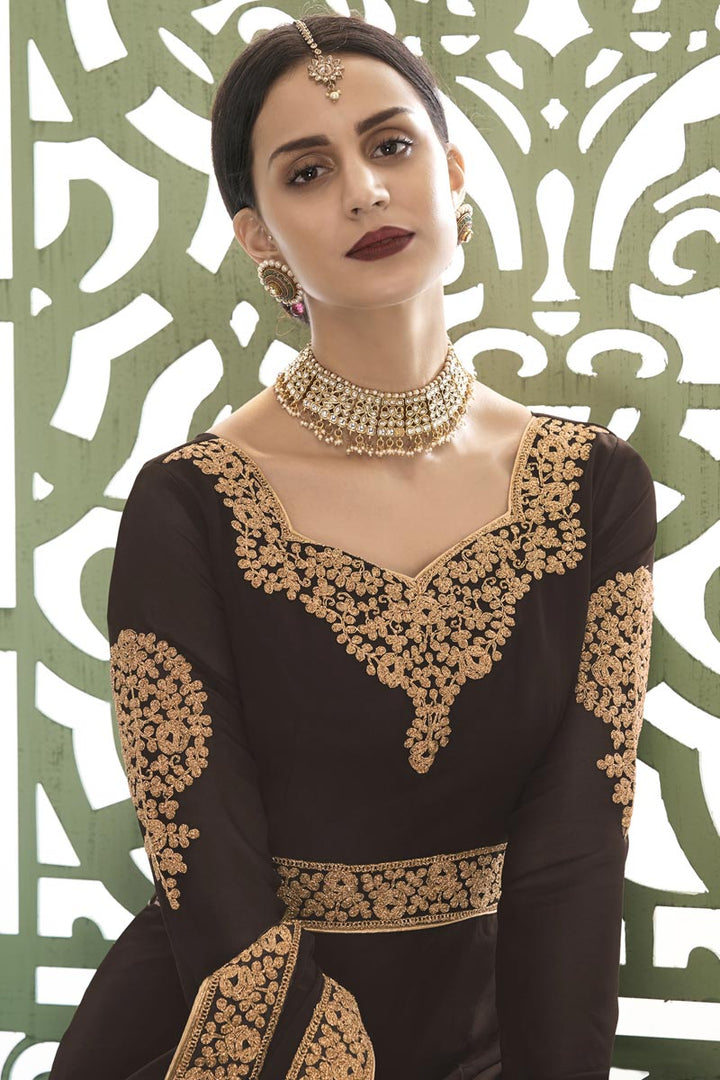 Georgette Trendy Embroidered Sangeet Wear Anarkali Dress In Brown