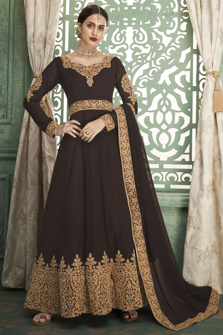 Georgette Trendy Embroidered Sangeet Wear Anarkali Dress In Brown