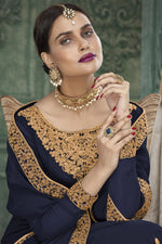 Load image into Gallery viewer, Navy Blue Trendy Embroidered Sangeet Wear Anarkali Dress In Georgette
