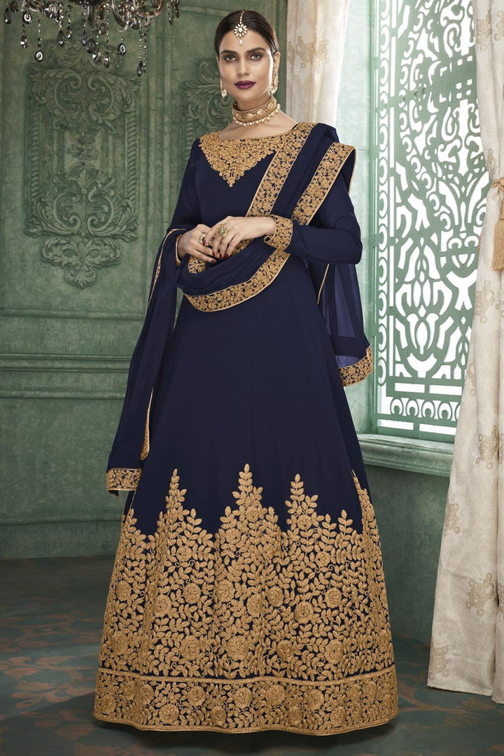 Navy Blue Trendy Embroidered Sangeet Wear Anarkali Dress In Georgette