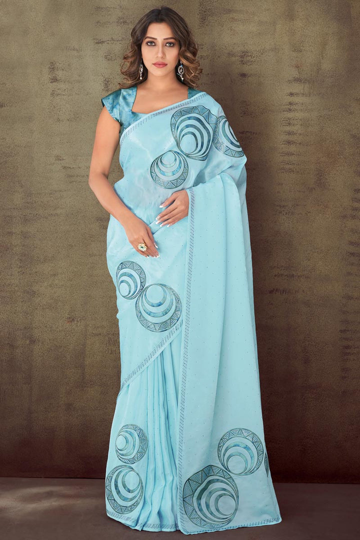 Attractive Organza Fabric Sky Blue Color Saree With Printed Work