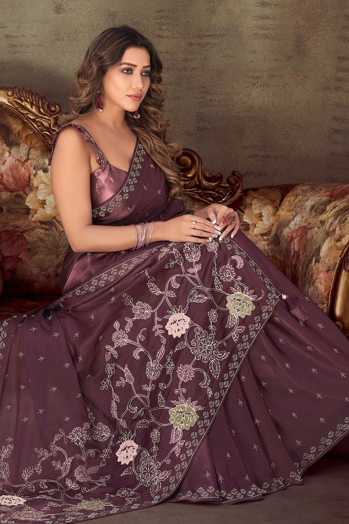 Organza Fabric Wine Color Saree With Remarkable Border Work