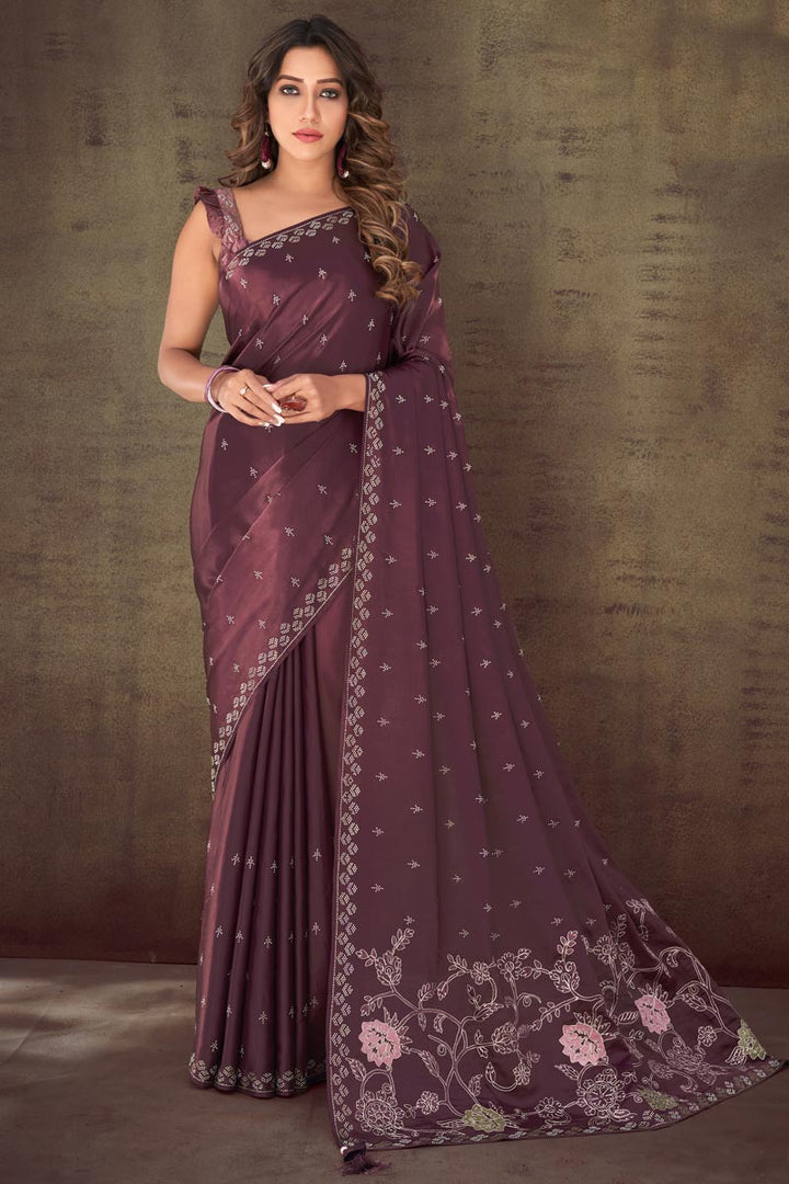 Organza Fabric Wine Color Saree With Remarkable Border Work