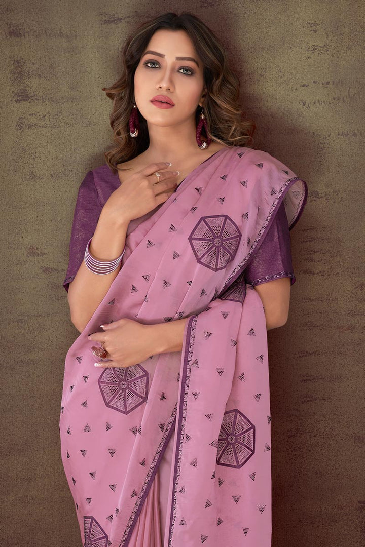 Radiant Printed Work On Pink Color Organza Fabric Saree