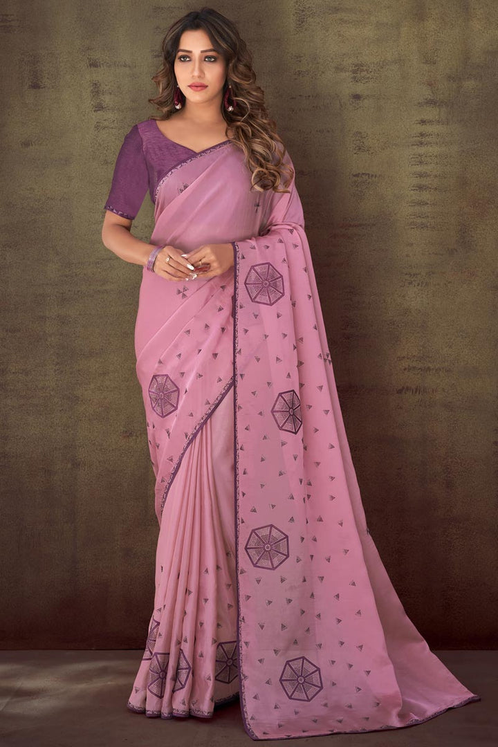 Radiant Printed Work On Pink Color Organza Fabric Saree