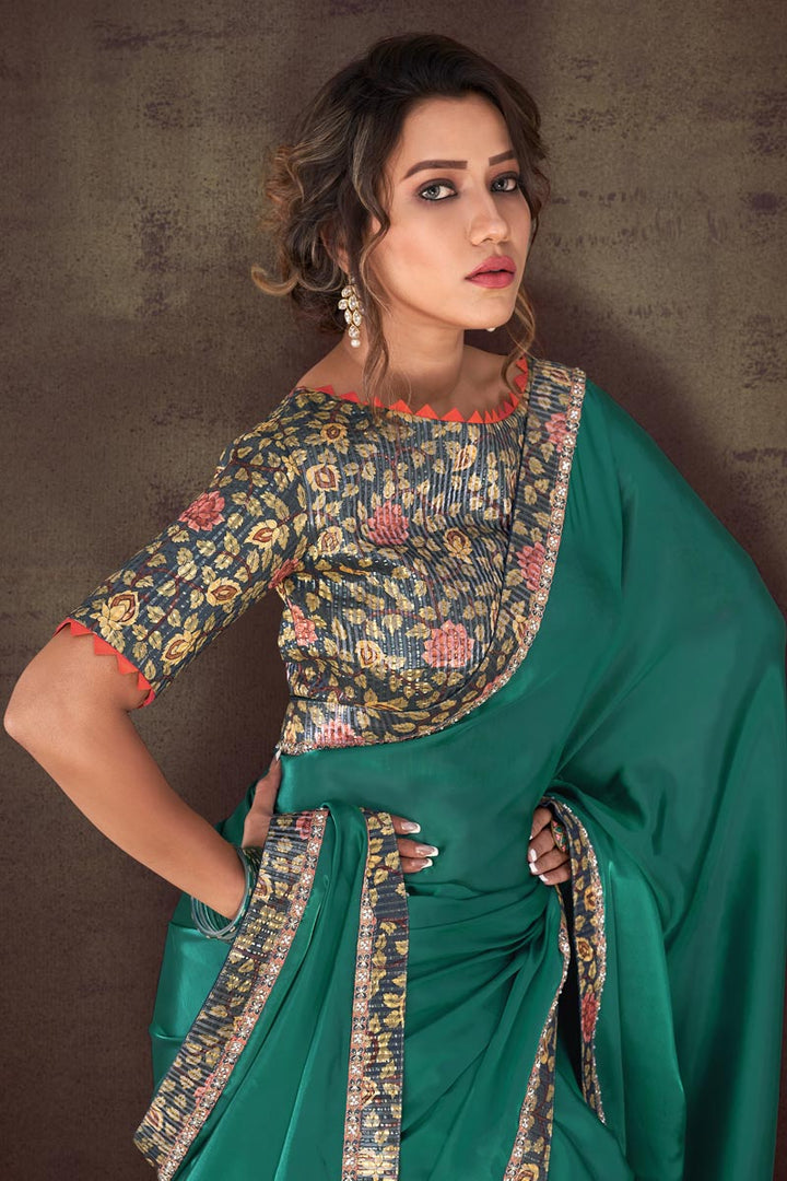 Excellent Organza Fabric Green Color Saree With Border Work