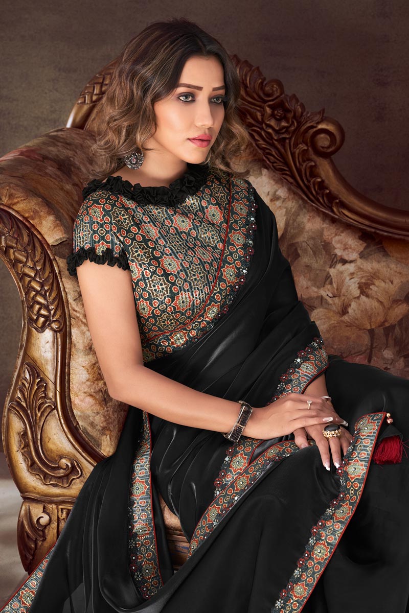 Classic Border Work On Black Color Saree In Organza Fabric