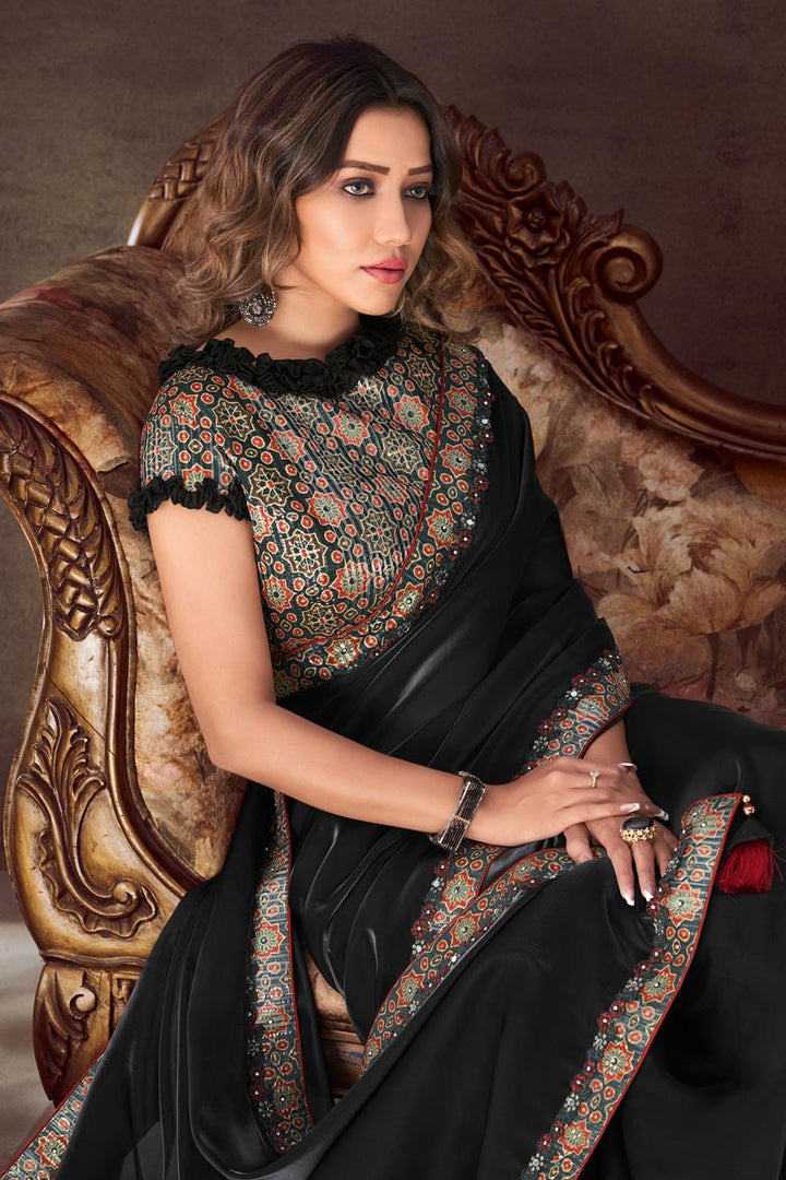 Classic Border Work On Black Color Saree In Organza Fabric