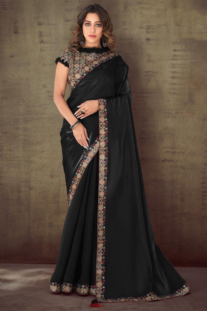 Classic Border Work On Black Color Saree In Organza Fabric