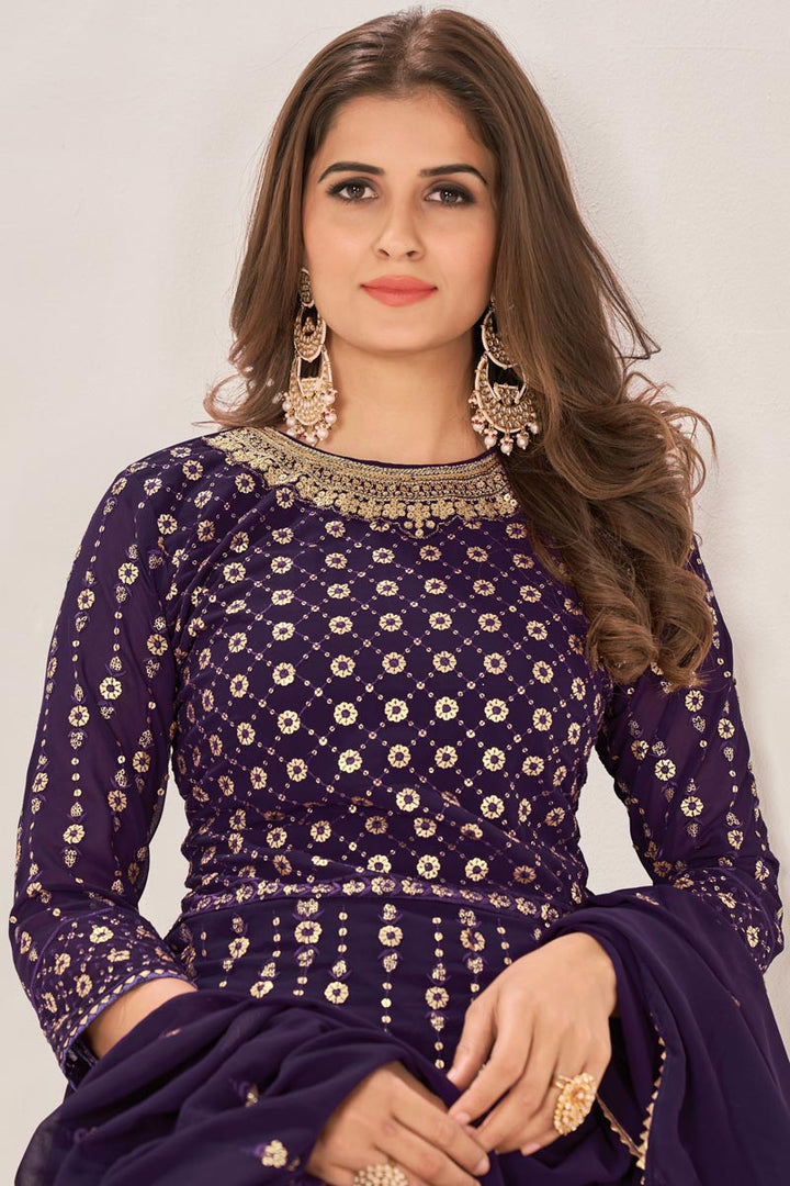 Sequins Work On Purple Color Aristocratic Georgette Fabric Sharara Top Lehenga