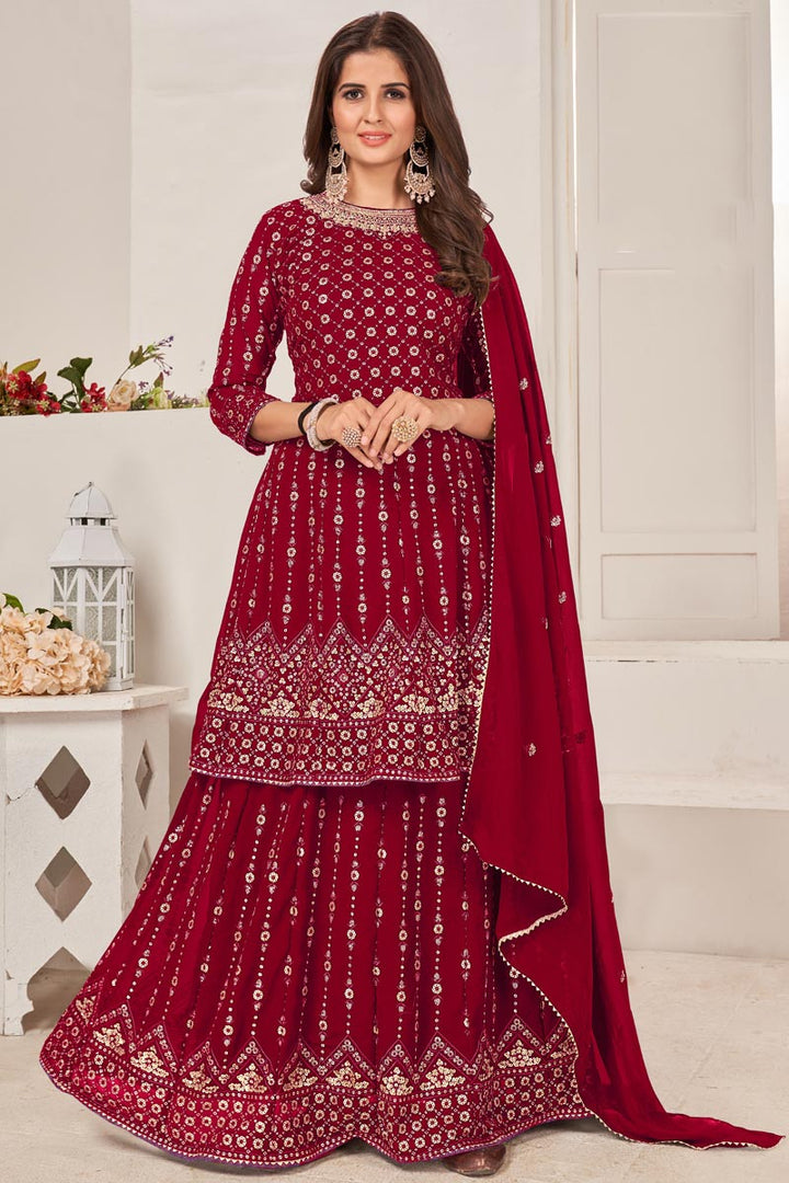 Imperial Red Color Georgette Fabric Sharara Top Lehenga With Sequins Work