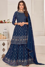 Load image into Gallery viewer, Sequins Work On Flamboyant Georgette Fabric  Sharara Top Lehenga In Teal Color

