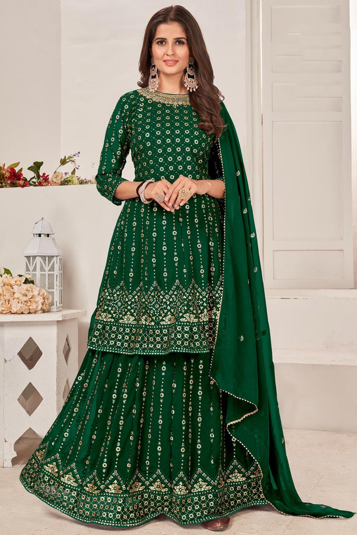 Sequins Work On Captivating Georgette Fabric Sharara Top Lehenga In Green Color