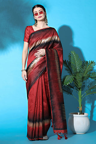 Appealing Red Color Tussar Silk Fabric Festive Wear Saree