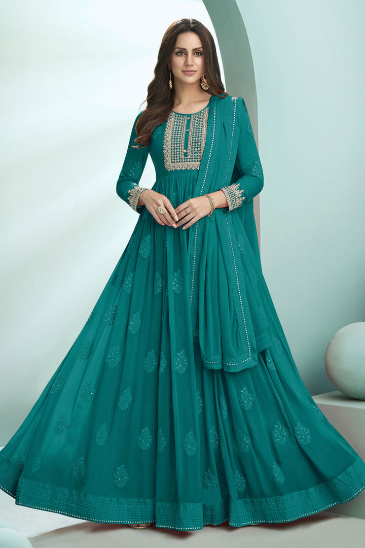Teal Color Coveted Embroidered Anarkali Suit In Georgette Fabric