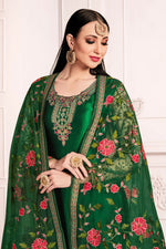 Load image into Gallery viewer, Green Color Satin Georgette Fabric Function Wear Salwar Kameez With Embroidered Work
