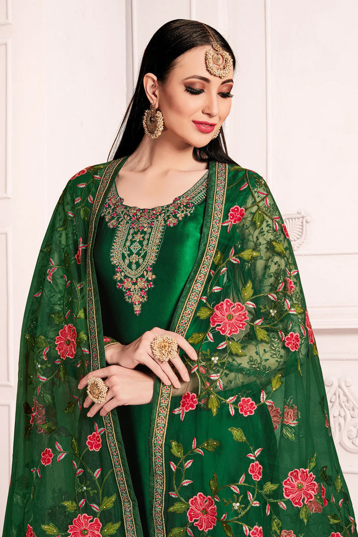 Green Color Satin Georgette Fabric Function Wear Salwar Kameez With Embroidered Work