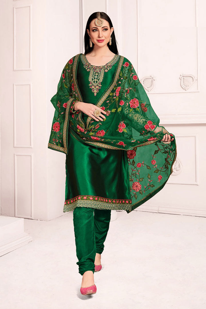 Green Color Satin Georgette Fabric Function Wear Salwar Kameez With Embroidered Work