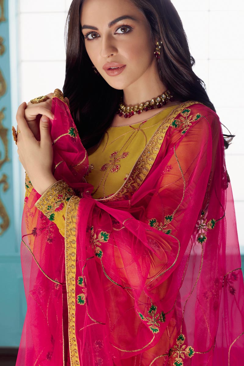 Designer Georgette Fabric Party Wear Embroidered Yellow Straight Cut Suit