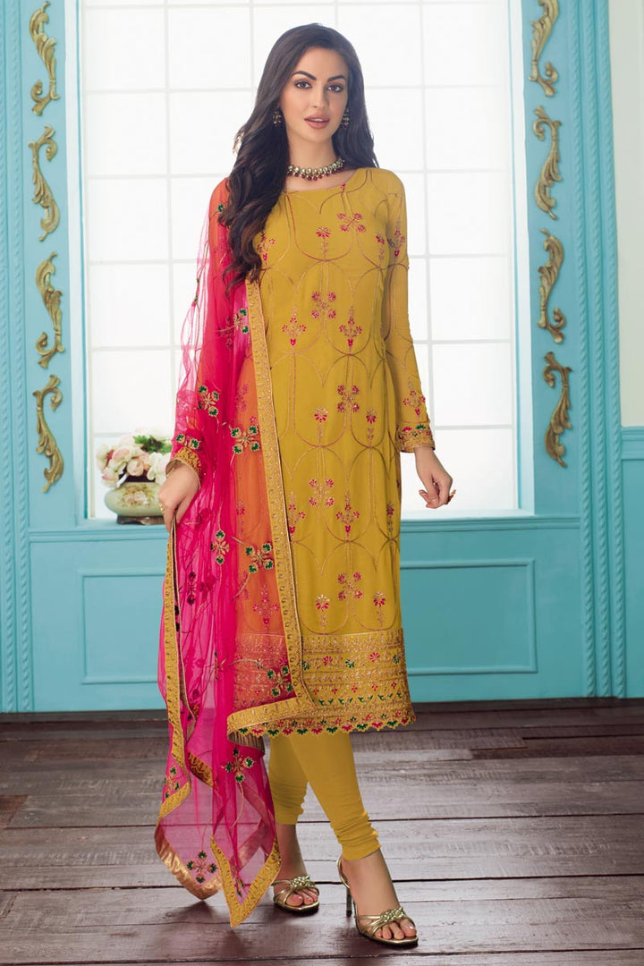 Designer Georgette Fabric Party Wear Embroidered Yellow Straight Cut Suit