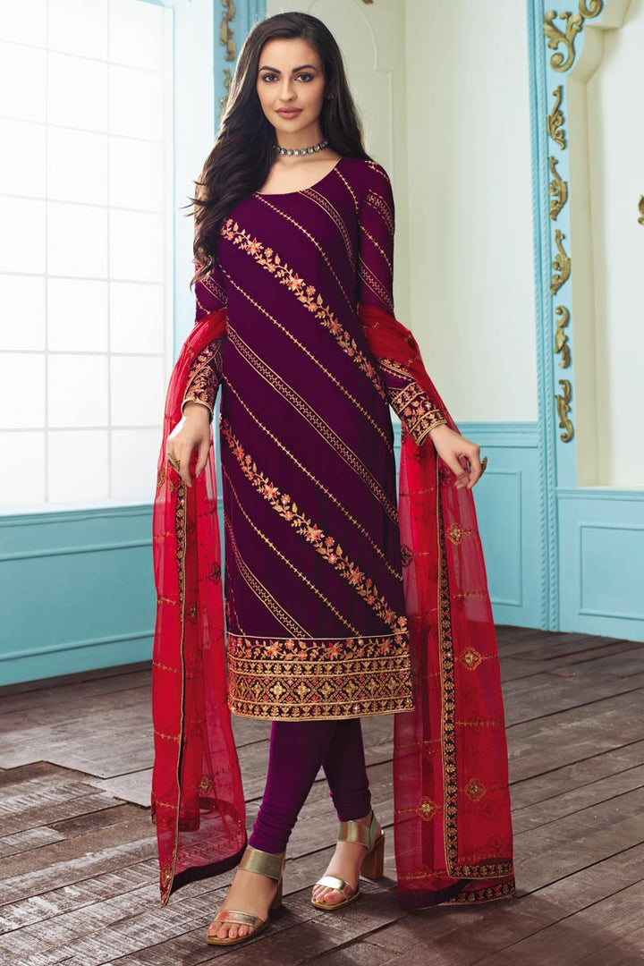 Georgette Fabric Purple Designer Embroidered Party Wear Straight Cut Suit