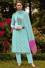 Load image into Gallery viewer, Fancy Fabric Casual Wear Cyan Color Embroidered Suit
