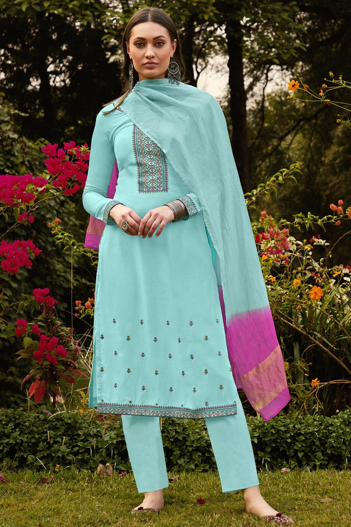 Fancy Fabric Casual Wear Cyan Color Embroidered Suit