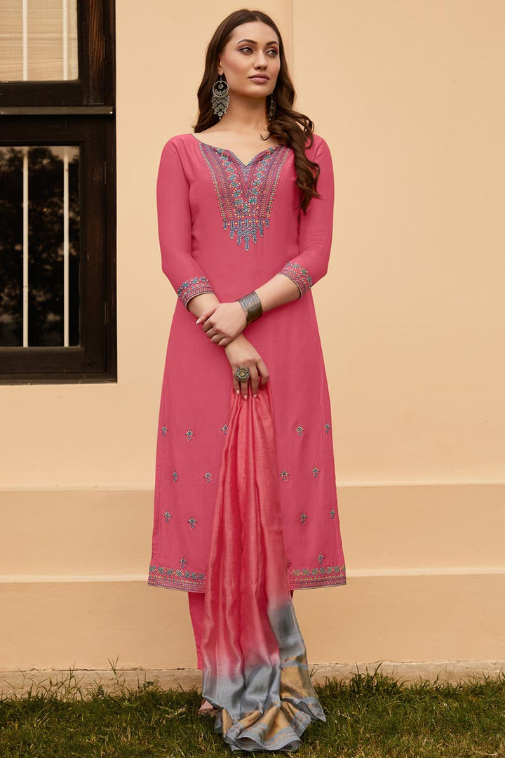Fancy Fabric Festive Wear Embroidered Salwar Suit In Pink Color