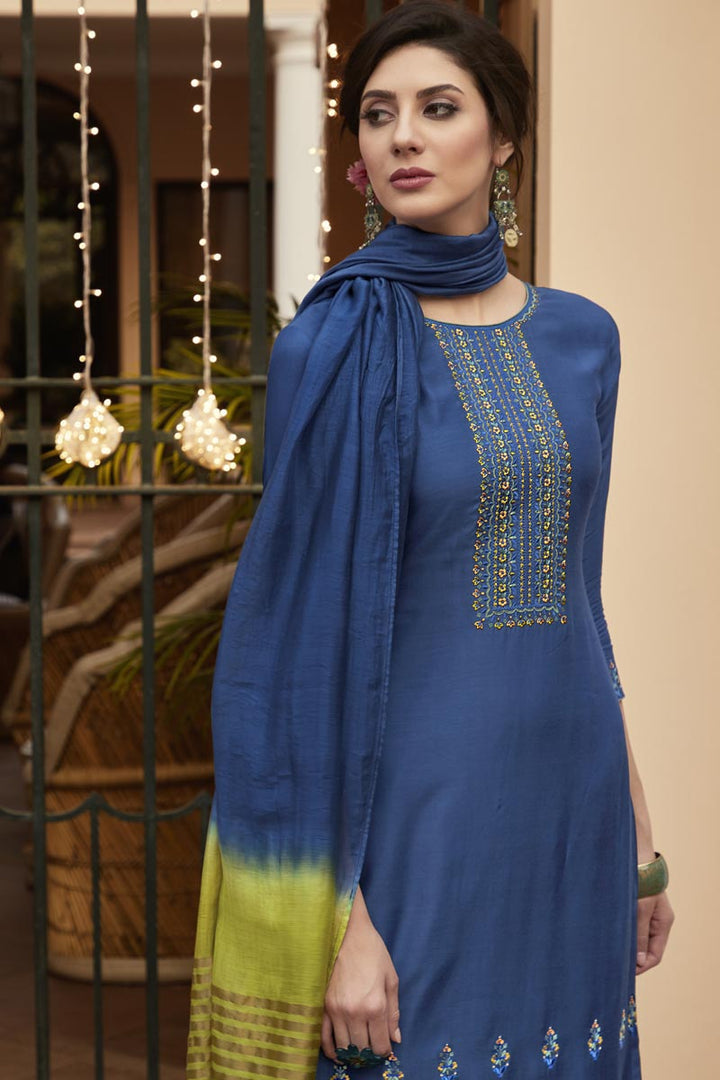 Daily Wear Fancy Fabric Blue Color Embroidered Palazzo Dress