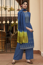 Load image into Gallery viewer, Daily Wear Fancy Fabric Blue Color Embroidered Palazzo Dress
