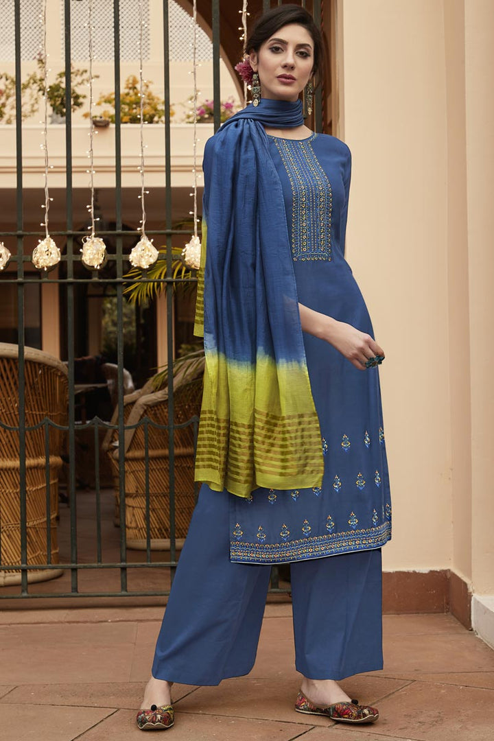 Daily Wear Fancy Fabric Blue Color Embroidered Palazzo Dress