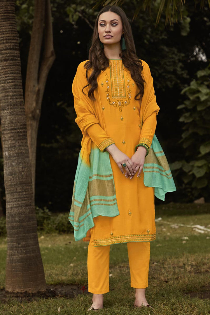 Fancy Fabric Festive Wear Embroidered Mustard Color Suit