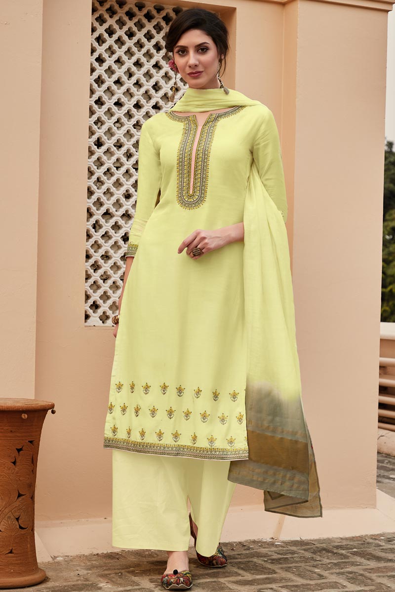 Beige Color Function Wear Embroidered Fancy Fabric Palazzo Dress
