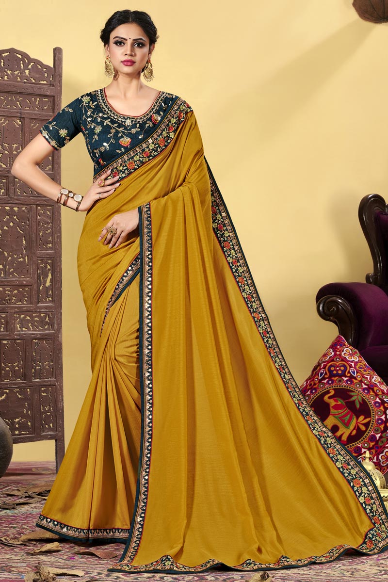Mustard Color Art Silk Fabric Embroidered Puja Wear Fancy Saree