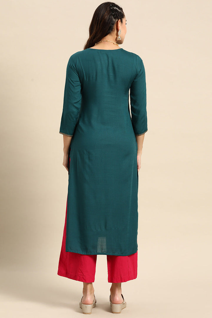 Teal Color Rayon Fabric Casual Wear Riveting Kurti