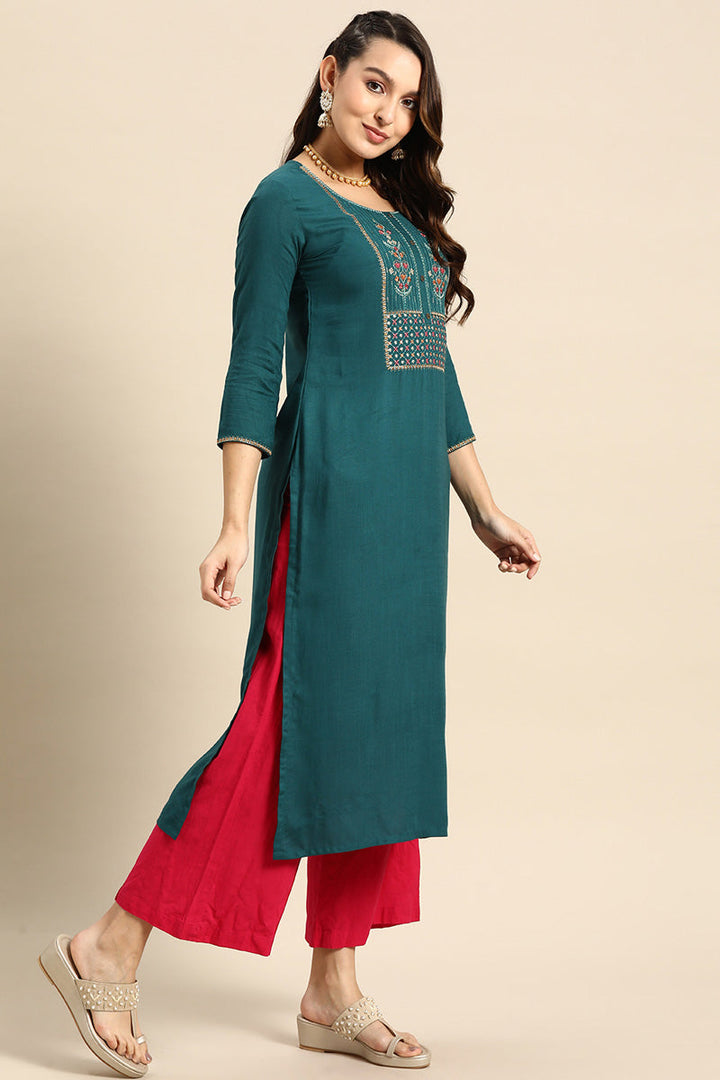 Teal Color Rayon Fabric Casual Wear Riveting Kurti