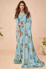 Load image into Gallery viewer, Fancy Crepe Silk Fabric Floral Printed Regular Wear Light Cyan Color Saree
