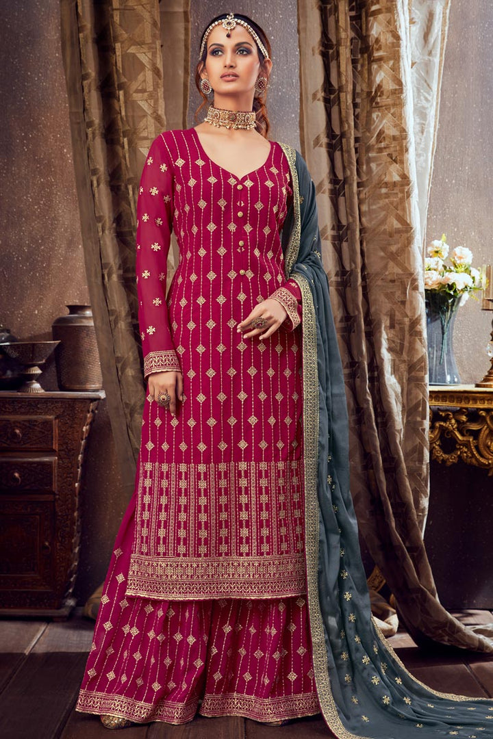 Georgette Fabric Party Wear Palazzo Salwar Suit In Dark Pink Color With Embroidery Work