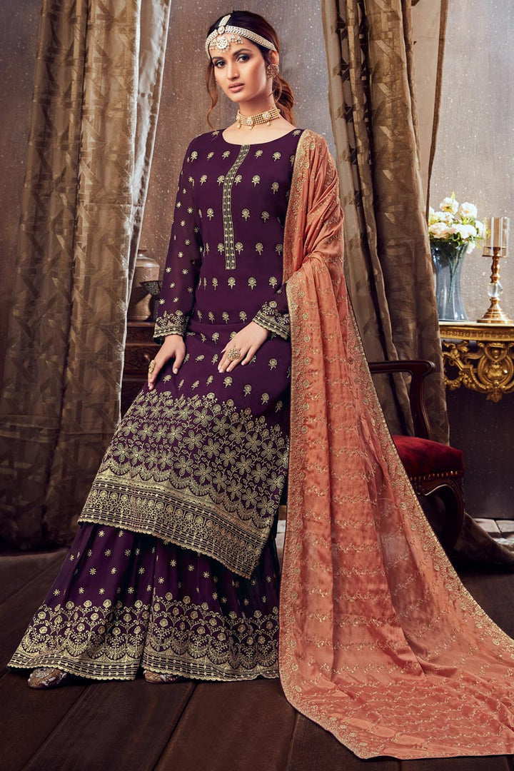 Georgette Fabric Purple Color Palazzo Suit With Embroidery Work
