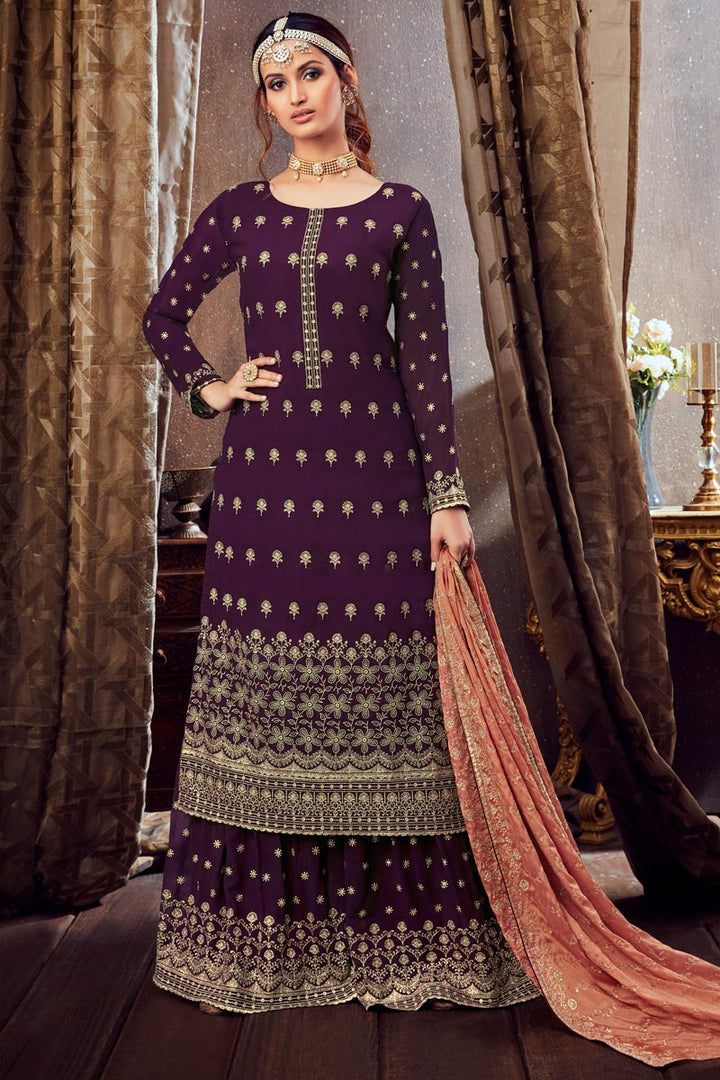Georgette Fabric Purple Color Palazzo Suit With Embroidery Work