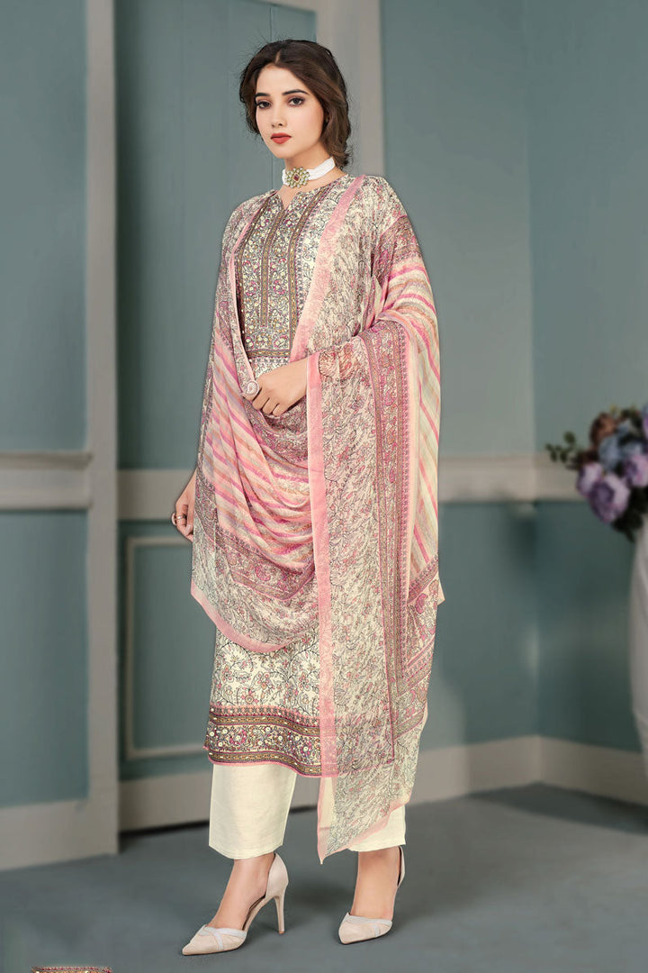 Digital Printed Off White Color Muslin Fabric Salwar Suit